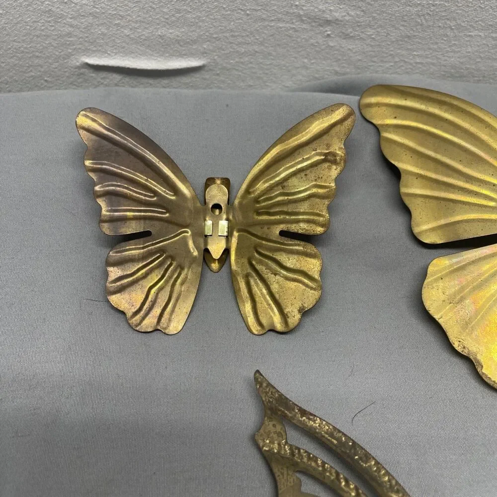 Vintage Brass Butterfly 3pc Wall Art Sculpture Hanging Decor Metal Wood Gold MCM